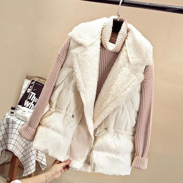 

2020 new autumn winter warm lambs wool stitching vest jacket women leisure loose thick down cotton vest cc9831, Black;white
