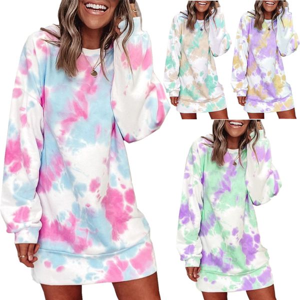 

2021 new womens fashion long sleeve tie dye print midi dress lounge wear 18kx, Black;gray