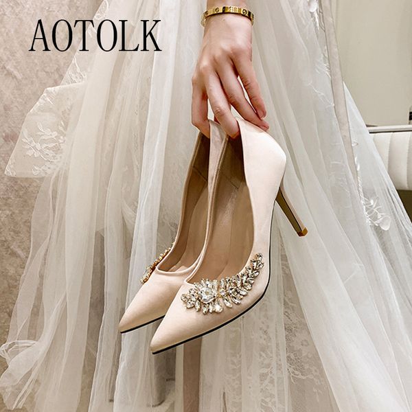 

women wedding shoes female high heels rhinestone silk woman pumps pointed toe brand party shoes plus size new arrival 2020 de y200702, Black