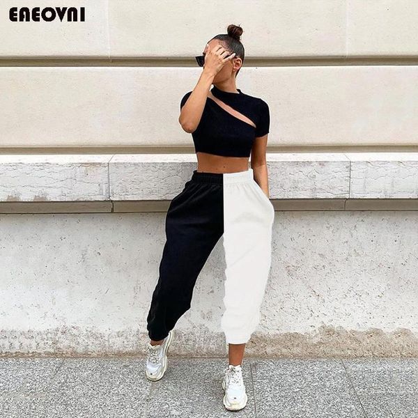 

2020 fashion high waist black&white patchwork sports harem pants autumn winter women loose casual sporty streetwear trousers