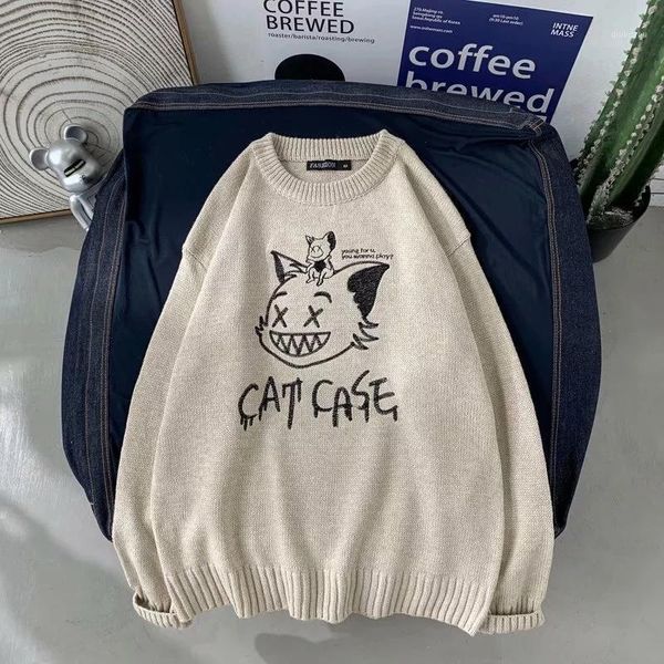 

mens sweaters fashion streetwear funny cat pullover autumn harajuku sweater casual design clothing loose khaki1, White;black