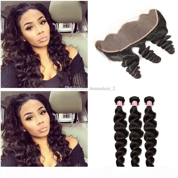 

loose wave human hair with lace frontal loose deep wave 3 bundles with 13*4 ear to ear lace frontal closure 4pcs lot, Black;brown
