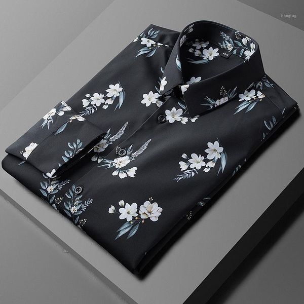 

spring luxury flower printing long sleeve casual mens dress fashion slim fit party male shirts1, White;black