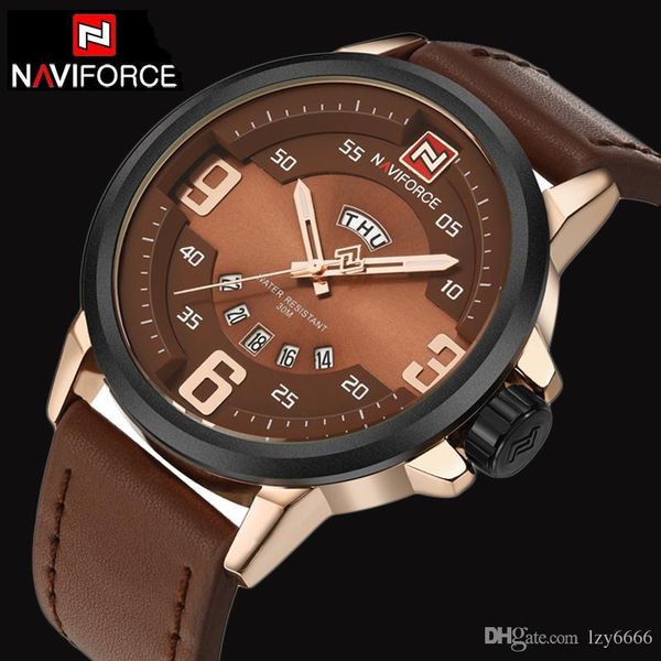 

2019 mens watches brand naviforce sports watch men military leather quartz-watch waterproof male clock relogio masculino, Slivery;brown