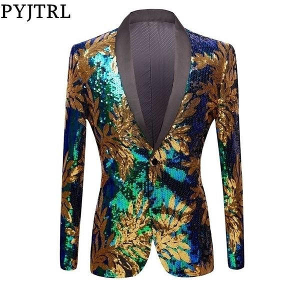 

pyjtrl full sequins series gold leaves pattern sequins blazer dj night club singers slim fit men suit jacket stage shiny costume 201104, White;black