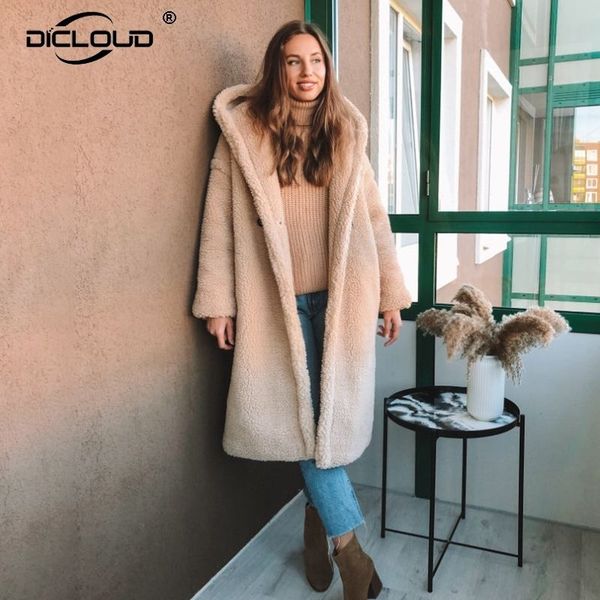 

trendy winter hooded teddy jacket coat women plus size oversized loose faux fur coats thick warm long overcoat fur jackets 201110, Black