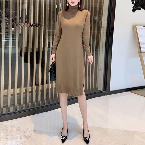 

autumn new women's party casual elegant chic high neck long sleeve sweater dress1, Black;gray