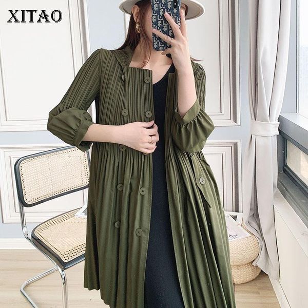 

xitao pleated trench women solid color double breast small fresh casual style 2021 winter elegant loose trench coat zy3007, Tan;black