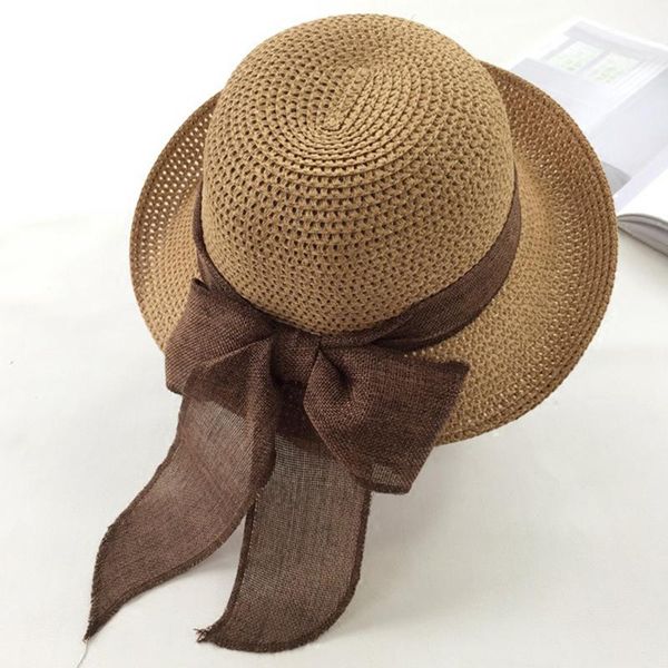 

wide brim hats women flat korean style beach head wear elegant gift folding seaside summer sun protection bow straw hat, Blue;gray