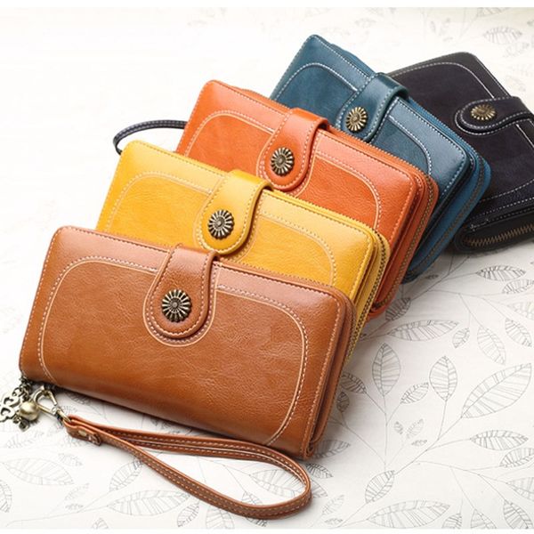 

2021 luxury oil wax pu length vintage card bag ladies pocket wallets for women fashionable, Red;black