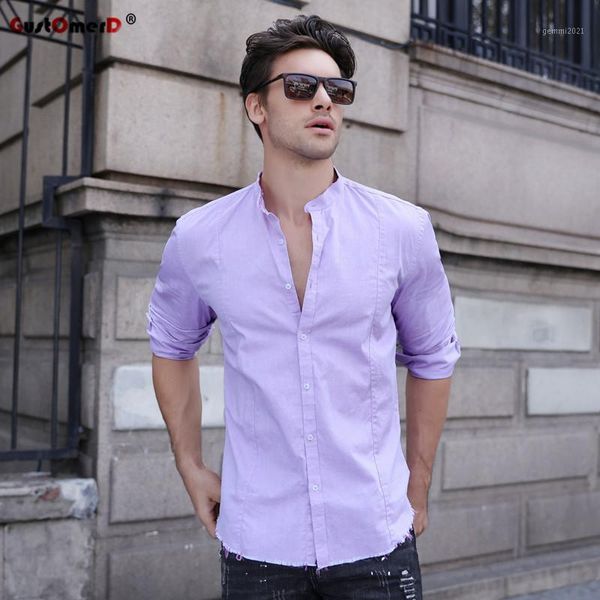 

gustomerd nice tide autumn fashion design tassel shirt men stand collar slim fit men shirt long sleeve 111% cotton shirts1, White;black