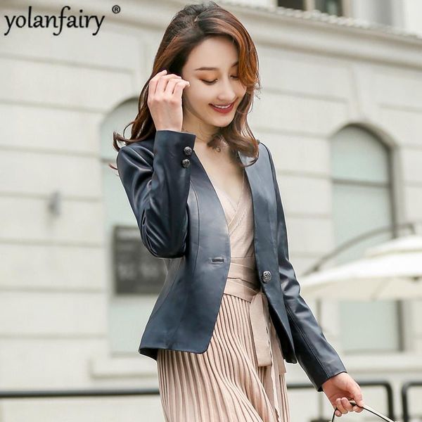 

women's genuine leather jacket 2020 spring autumn sheepskin coat for women casual leather blazer korean veste femme z91758 kj, Black