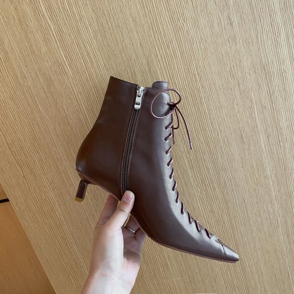 

2021 new autumn winter ankle lace up pointed toe zipper short boots cow leather thin heel fashion women shoes size 34-39 c3f4, Black