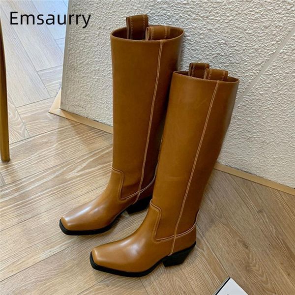 

2020 autumn winter knight boots women square toe thick heel slip-on patchwork genuine leather long booties for woman1, Black