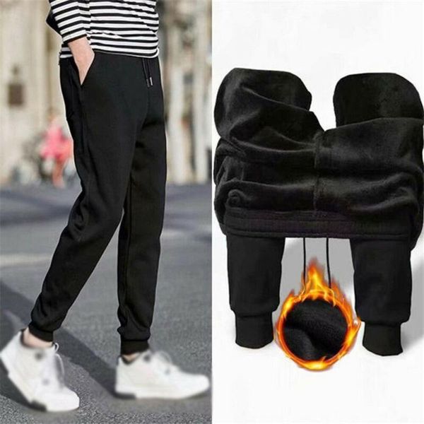 

pants joggers mens warm casual thermal loose winter lined thick trousers, Black