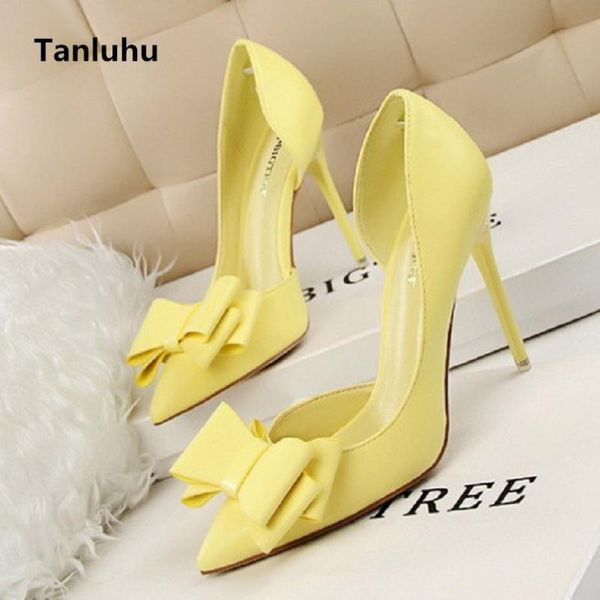 

tacones altos women cute comfortable spring & summer pointed toe yellow high heel shoes lady cool bow tie pu leather shoes e2745, Black