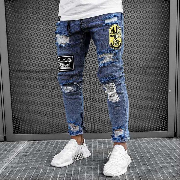 

new men's zipper slim skinny jeans stretchy ripped biker embroidery print destroyed jeans c1123, Blue