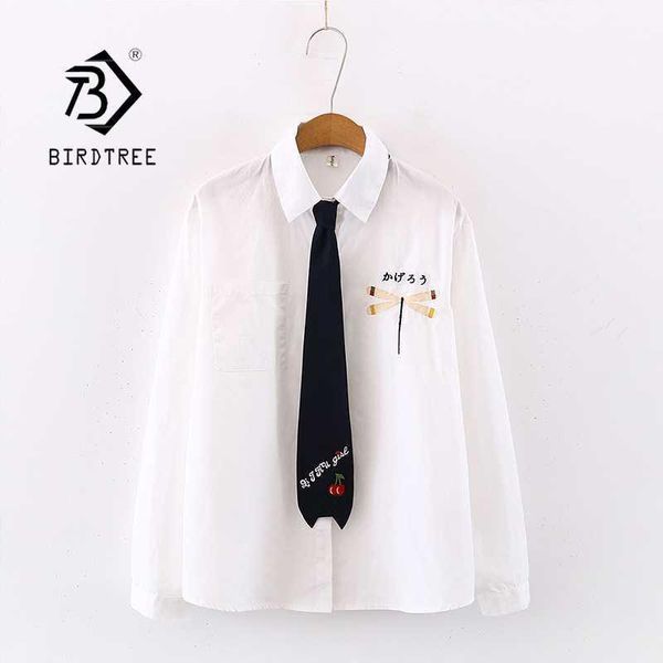 

new women cherry embroidery cotton white shirt turn-down collar button up cute girls blouse with black tie feminina blusa t9d6041