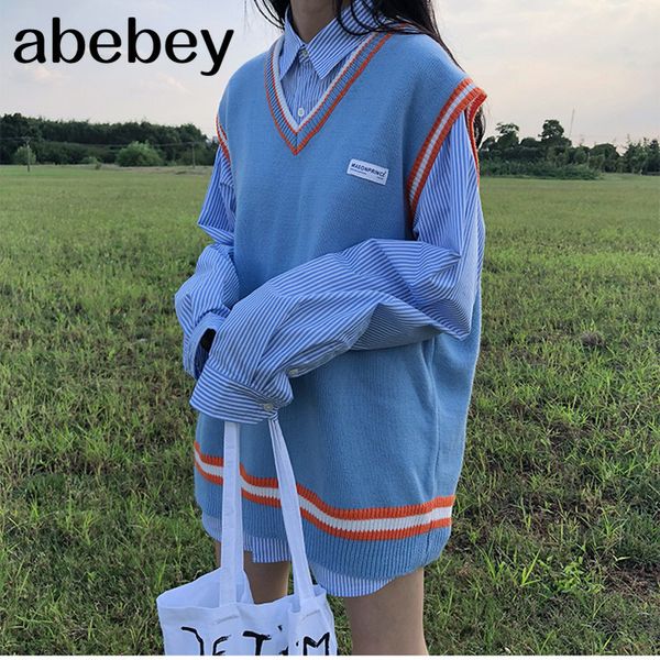 

4 colors 2020 autumn and winter preppy style v neck color pathwork knitted sleevelesvest sweaters womens pullovers womens (x997) c1120, White;black