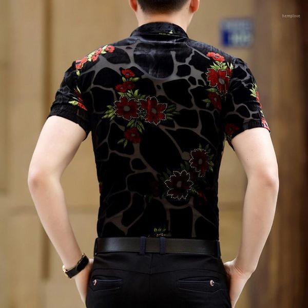 

summer man short sleeve shirts fashion turn down collar silk embroidery velvet male shirt slim fit hollow out blusas masculina1, White;black