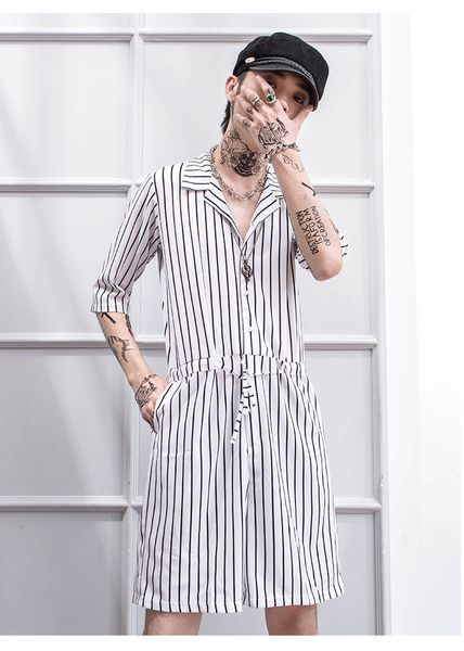 

jumpsuit men's hip hop summer short sleeve shorts korean fashion personality vertical stripe youth one piece suit stage dress, Black