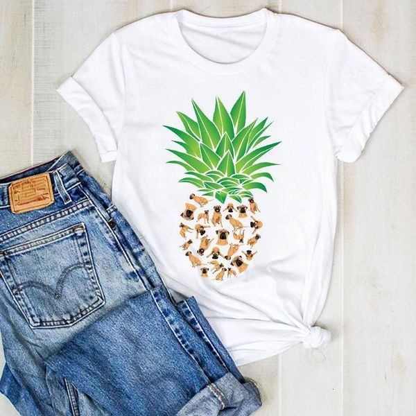 

women lady pineapple cartoon dog fashion fruit beach ladies summer t tee tshirt womens female shirt clothes graphic t-shirt, White