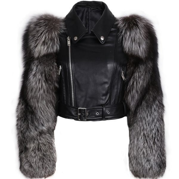 

genuine leather jacket fur sleeve women real leather and fur jacket 201223, Black