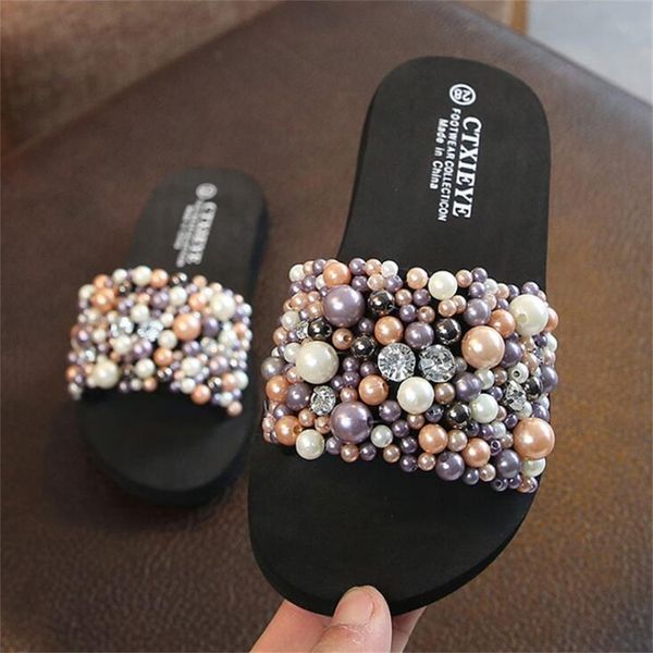 

fashion new summer children cartoon flip flops shoes boys and girls slippers sandals beaded pearl slippers beach girls sandals lj200826, Black;red