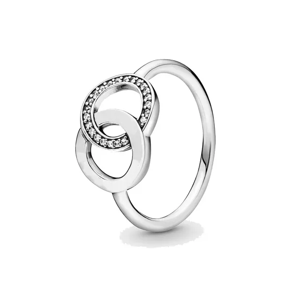 Feiner Schmuck, authentischer Ring aus 925er-Sterlingsilber, passend für Pandora-Charm, funkelnder Ring mit ineinander verschlungenen Kreisen, Verlobungsringe zum Selbermachen