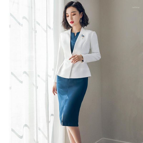 

women's suits set women's slim suits set 2-piece white suit jacket with blue dress casual professional wear1, White;black