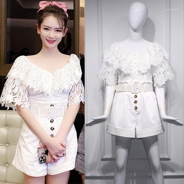 

white v-neck flounces hollowed-out high-waisted short-sleeved jumpsuit shorts women's korean style fashion 07081, Black;white