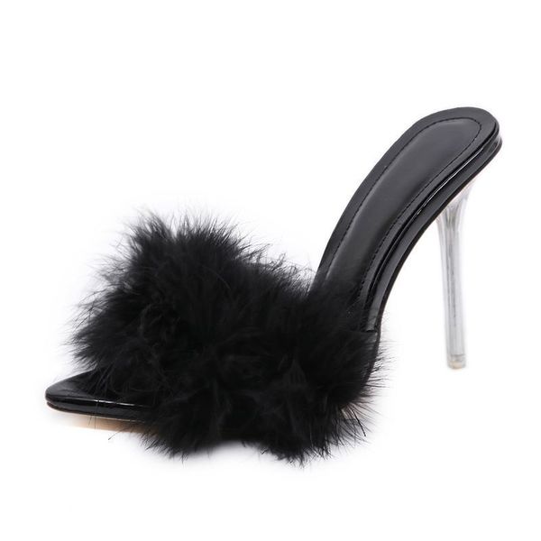 

2021 new european and american-style pointed-finger the hairy foot down female cut club well with super high heels slippers nqvu, Black