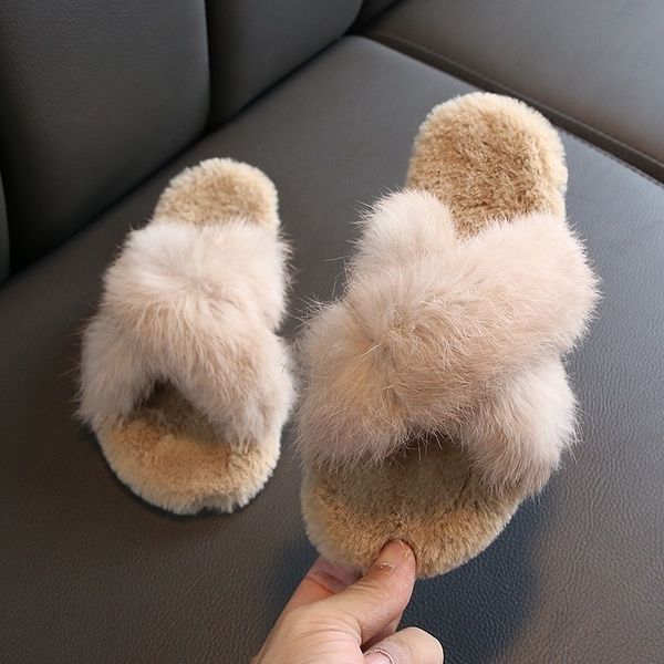 

real fox slippers kids winter fur home slides girl flop flips raccoon fluffy cute baby flats beach summer children boys shoes y201028, Black;grey
