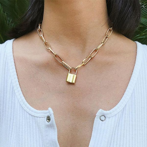 

diezi vintage gold silver color choker necklace for women female geometric lock statement pendant necklace 2020 new jewelry
