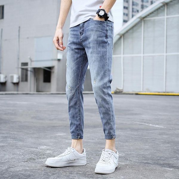 

men's jeans wholesale 2021 fashion street hip hop denim summer thin brand stretch korean young casual pencil pants holes, Blue