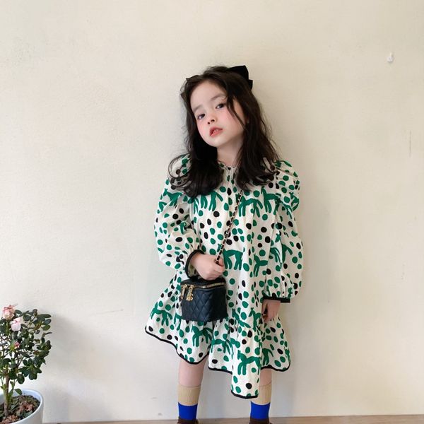 

wholesale 2021 summer new kids girls dresses green color horse dot puff sleeves ruffles children clothes e649, Red;yellow