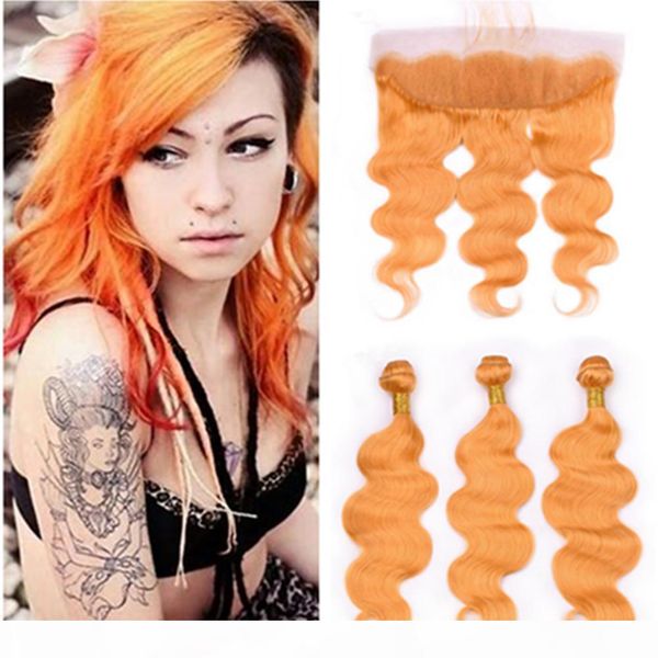 

orange color brazilian virgin human hair wefts with frontal body wave pure orange 13x4 lace frontal closure with weaves 3bundles 4pcs lot, Black;brown