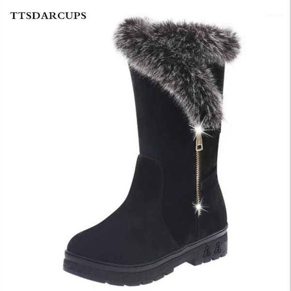 

bootssdarcups winter 2021 fur mid-barrel snow boots low heel, thick sole anti-skid flannel and warm cotton shoes plus size1, Black