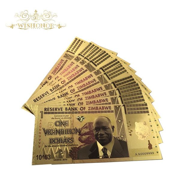 

10pcs lot zimbabwe gold banknote for president robert g. mugabe one bicentillion dollars in 24k with uv lignht for gifts wmtmjg