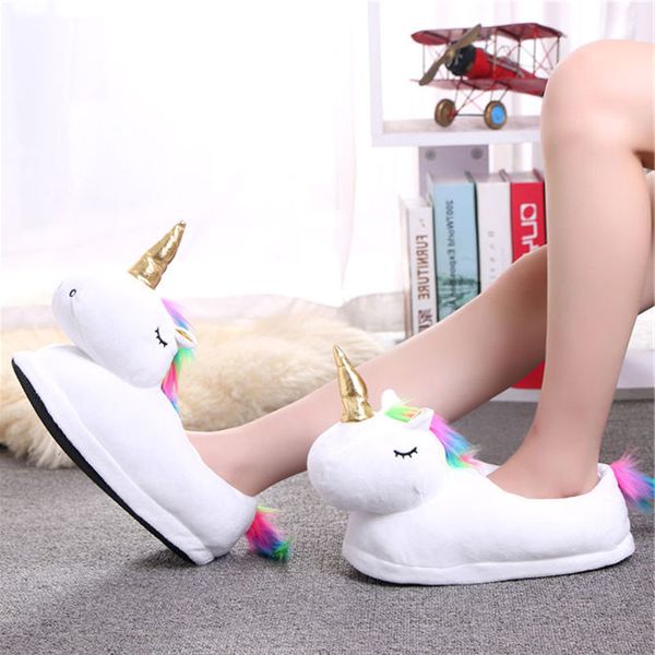 Frauen Winter Warme Innen Pelz Rutschen Hausschuhe Niedlichen Cartoon Plüsch Einhorn Hausschuhe Für Männer Weiß Pelzigen Unisex Hause Haus Hausschuhe q0108