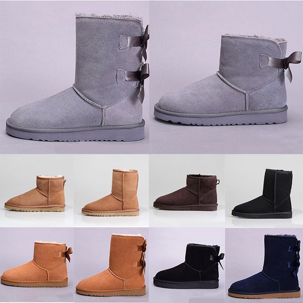 

2021 designer women australia australian boots fashion women winter snow fur furry satin boot ankle booties fur leather bowtie shoes 37-41, Black