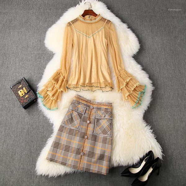 

fashion 3 piece set streetwear womens clothing 2020 summer new long sleeved mesh + camis + high waist plaid skirt1, White