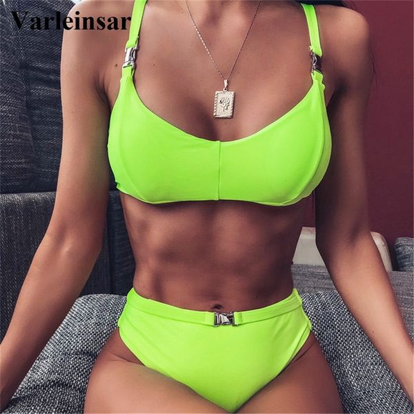 Costume da bagno nero al neon verde bikini a vita alta costumi da bagno donna sexy bikini a due pezzi costume da bagno a vita alta costume da bagno T200508