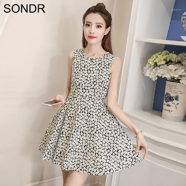 

white chrysanthemum print dress korean version summer dress a-line dresses 2020 sweet high waist sleeveless floral vest1, Black;gray