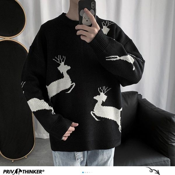 

privathinker fashion men elk knitted sweaters autumn men's pullovers 2 colors man streetwear new fashion male clothing 201026, White;black