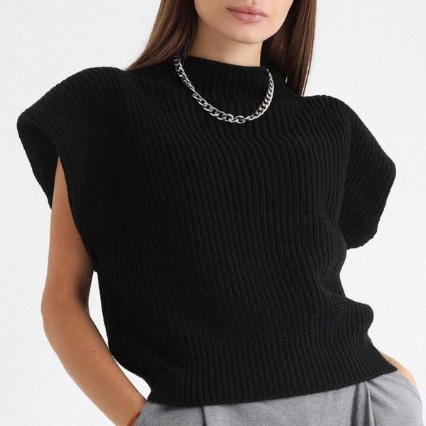 

turtleneck sleeveless women vest sweater 2020 white shoulder pads pullover knitted loose 2020 autumn winter casual jumper, White;black