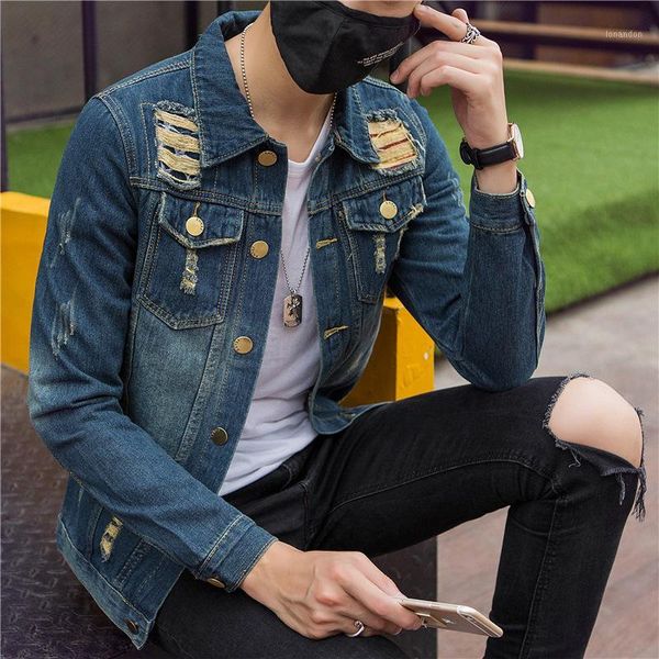 

men's jackets men's denim coat wear korean-style slim fit jacket young with holes style, Black;brown