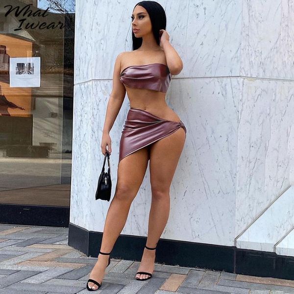 

faux leather bikini asymmetric skirt two piece set women party club activity sleeveless crop outfit slim solid suits, Gray