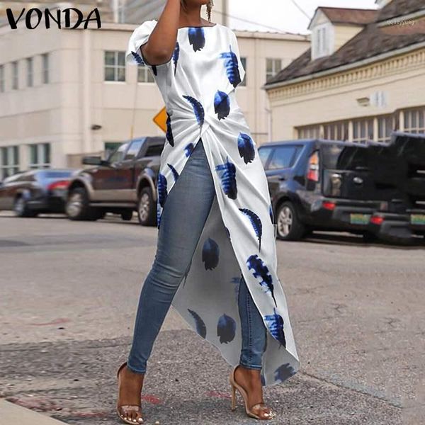 

women's blouses & shirts women'shirts print split party asymmetric beach long tunic vonda 2021 summer blouse and casual blusa plu, White