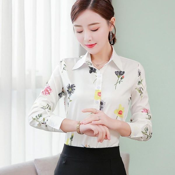 

women's blouses & shirts elegant turn down collar blouse pink white shirt office ladies casual printed single-breasted women 2021